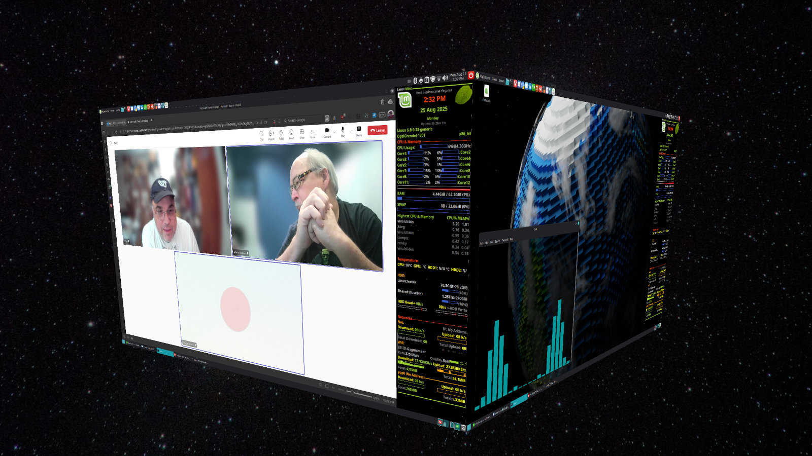 Screenshot from Linux Mint, showing a desktop cube with Microsoft Teams on one face