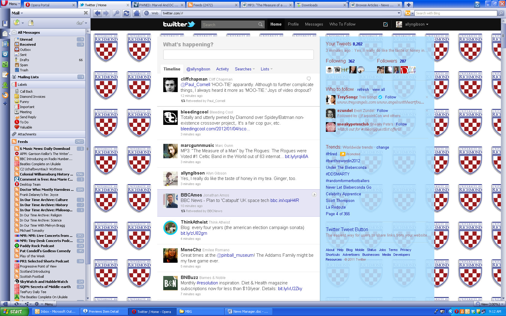 Screenshot of a Twitter feed, January 2012. Key tweets are one from Bleeding Cool admitting that they were pwned, and one from me saying that "I like a little honey in my tea."