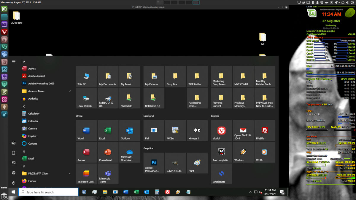 Desktop screenshot of Linux Mint, with a remote desktop open (showing my Windows 10 Start Menu at Diamond) and a conky configuration showing system data