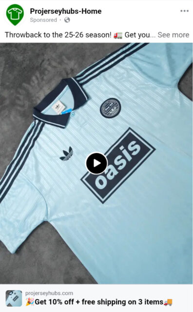 A Facebook ad for a bootleg Oasis/Adidas soccer jersey.