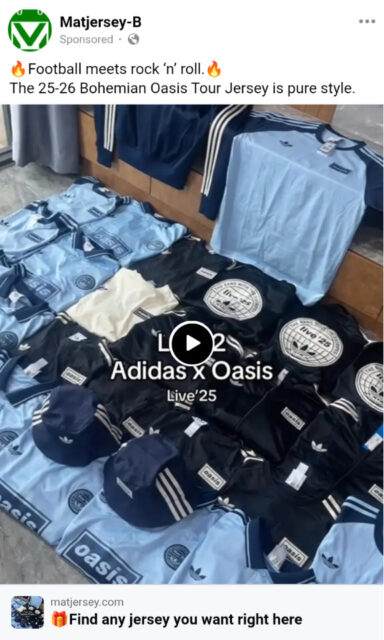 A Facebook ad for Adidas/Oasis soccer jerseys and bucket hats
