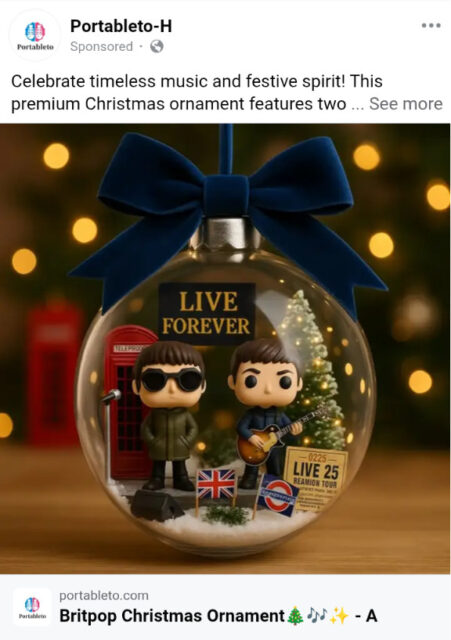 A Funko POP!-styled Christmas ornament with Noel and Liam figures and the words "Live Forever"