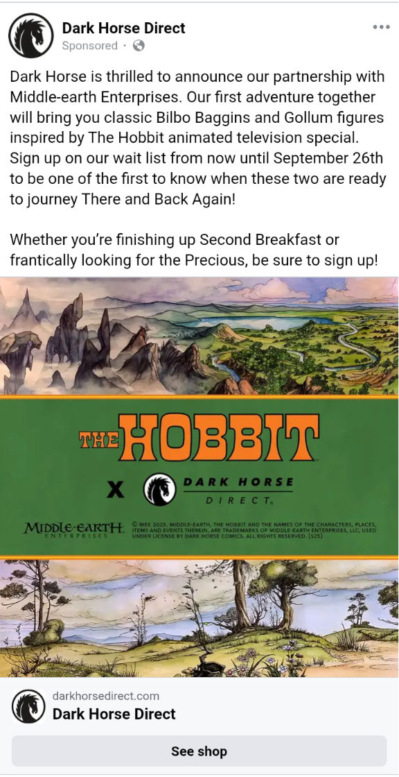 Screenshot of the Dark Horse post about the Hobbit figures, showing art of Hobbitom from the film and text about signing up for the waiting list.