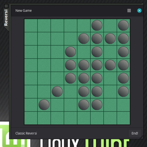 Screenshot of Othello game from screenshot above, showing about twenty-five black pieces and zero white pieces, because I obliterated white off the board.