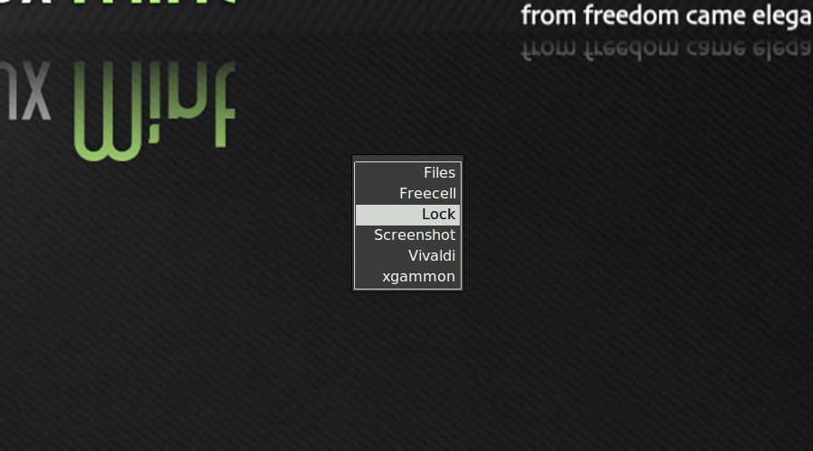 Screenshot of the program launcher menu, showing options I've created for Files, Vivaldi, Freecell, the screen lock, and a screenshot tool