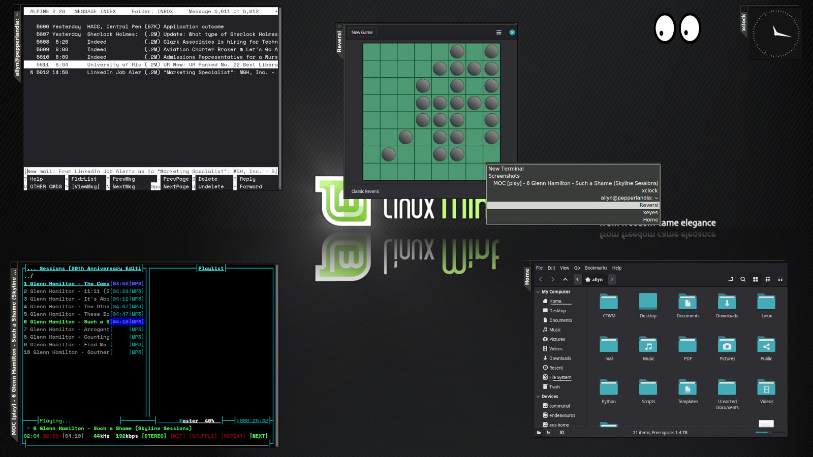 Screenshot of the WMX window manager running on Linux Mint Debian Edition 7, with several windows open including the file browser, a game of Reversi, a terminal email program, and a terminal music player