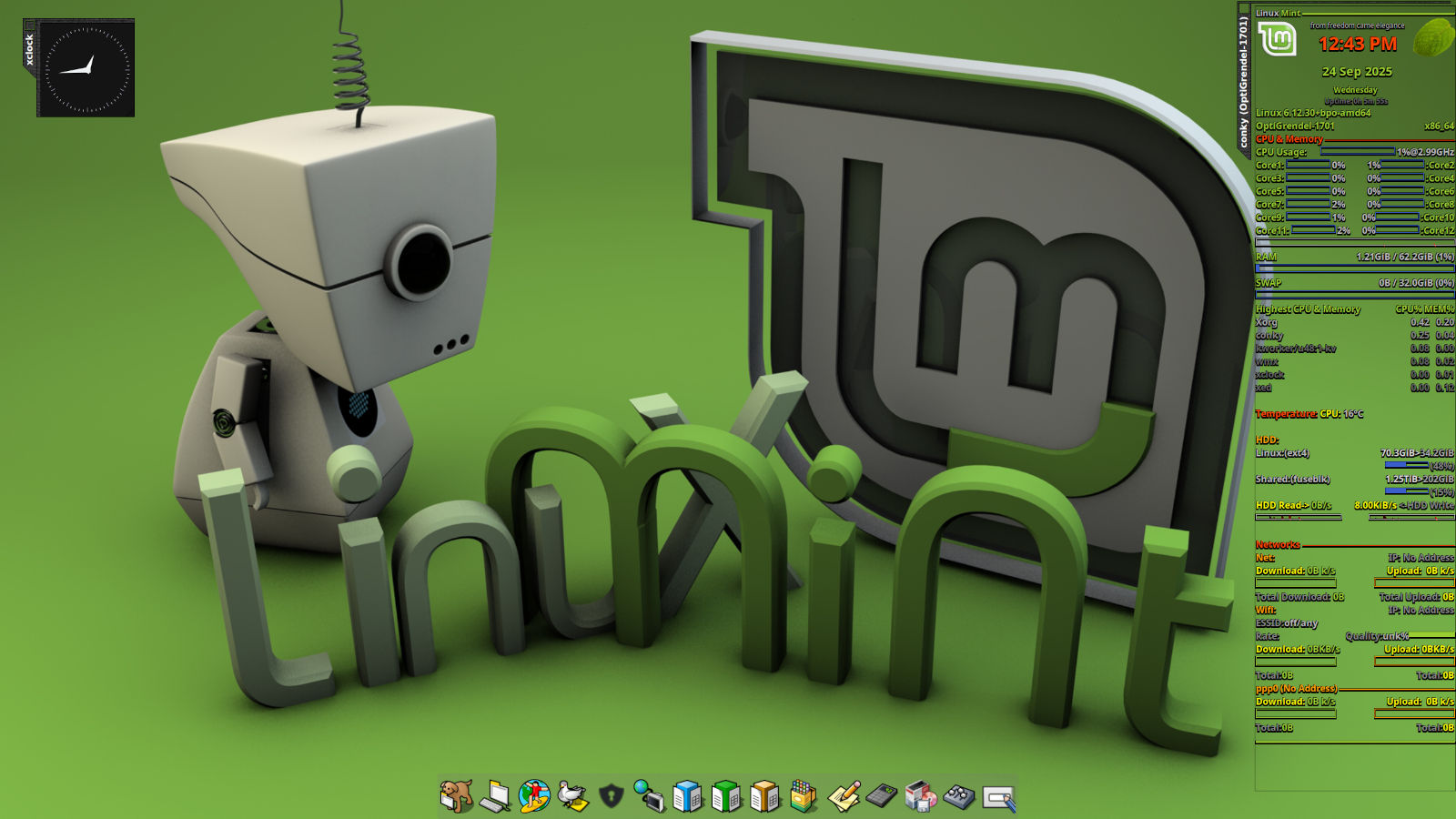 Screenshot of WMX Window manager, showing a Conky system monitor on the right hand side of the screen