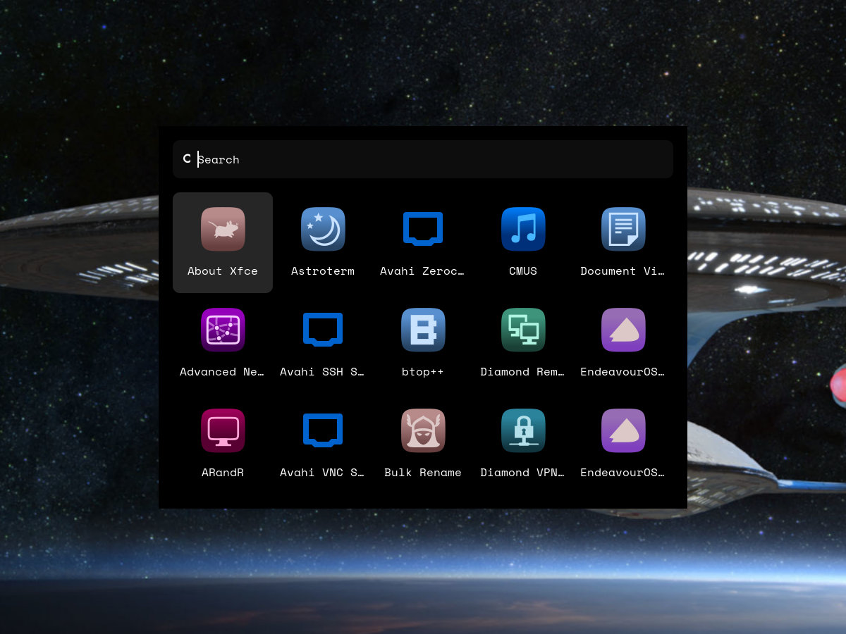 Screenshot of the rofi application menu in EndeavourOS