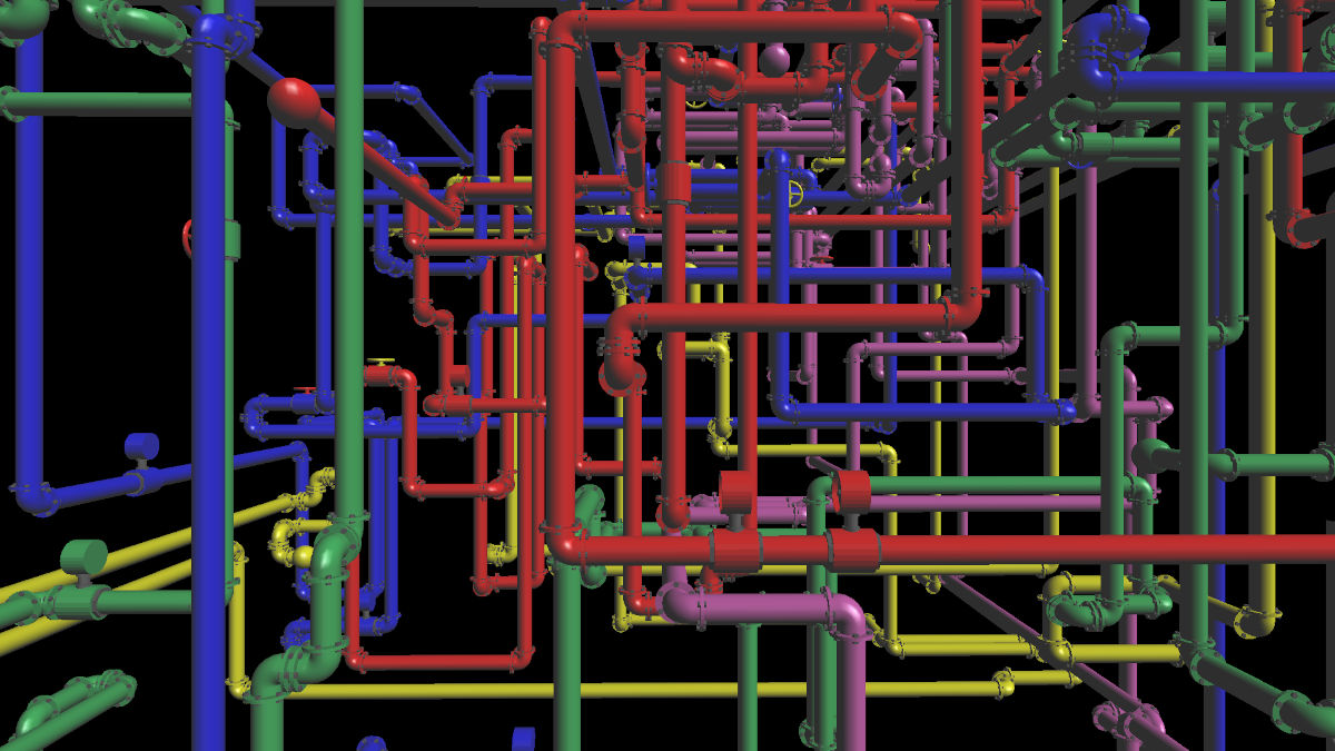 Screenshot of a 3D pipes screensaver, just a tangle of pipes red, yellow, green, blue, teal