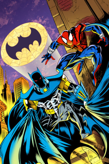 A piece of fan art, riffing on Mark Bagley's cover to Marvel's 1990s-era Spider-Man/Batman one-shot, depicting the Jean-Paul Valley Batman and the Ben Reilly Spider-Man