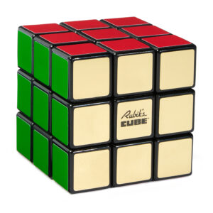 Product image of the 50th-anniversary Rubik's Cube, showing the gold face and original logo