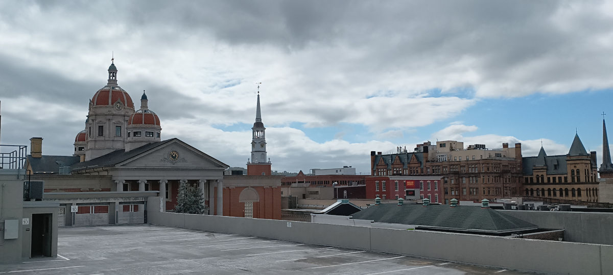 York government building, as seen from the top of the parking garage on Market Street