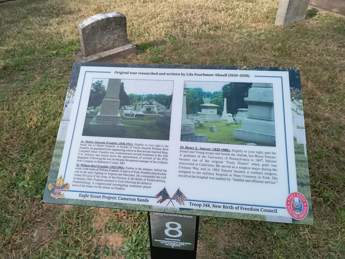 Civil War walking tour marker in Prospect Hill Cemetery, with biographical details on Dr. Henry Smyser and directions to his grave (which was not terribly near to this marker)