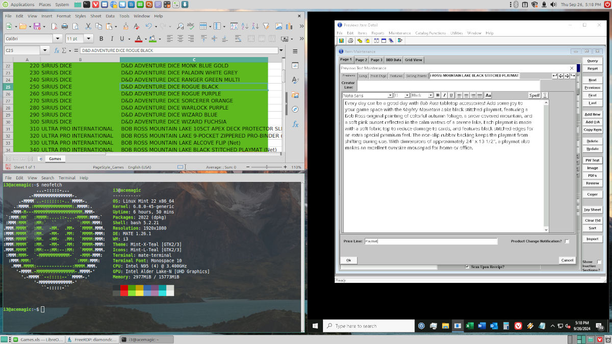 Screenshot showing a spreadsheet open in the left half of the screen and a remote desktop window open in the right where I'm working on text for the catalog