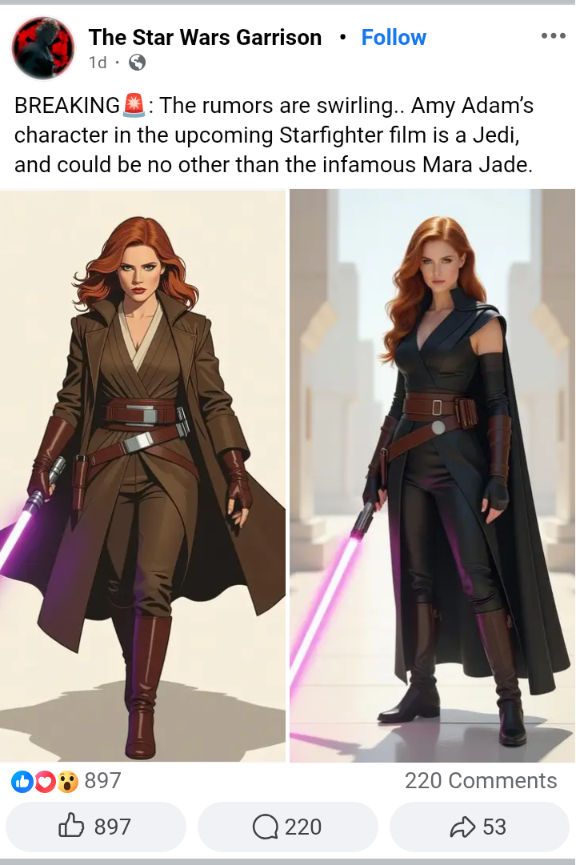 A Facebook post about Amy Adams playing Mara Jade in an upcoming Star Wars film that's in production