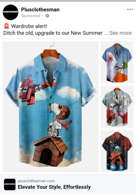 It's a printed, button up shirt featuring Snoopy flying atop his doghouse into battle with the Red Baron. This one is blue.