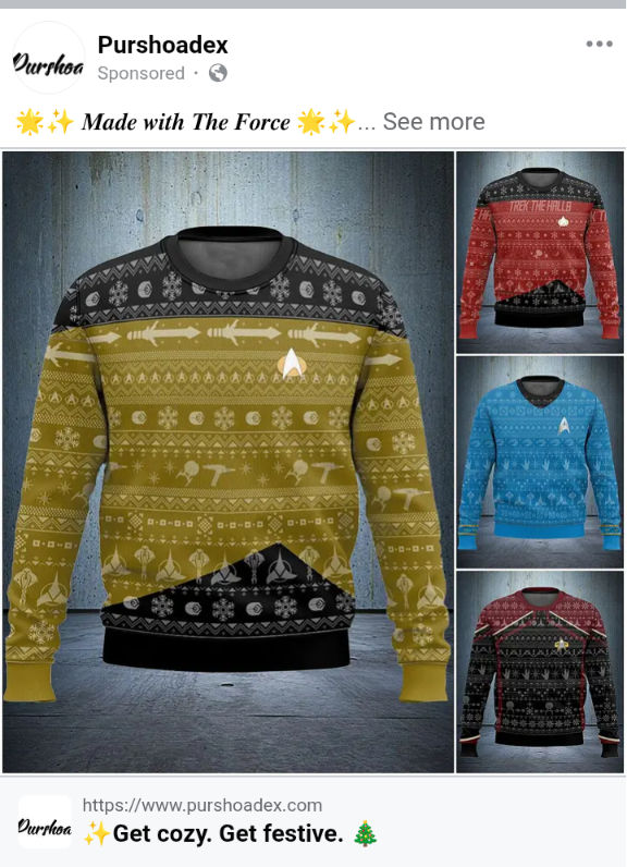 A Star Trek ugly sweater, in the yellow style uniform that Data wore on Star Trek: The Next Generation.