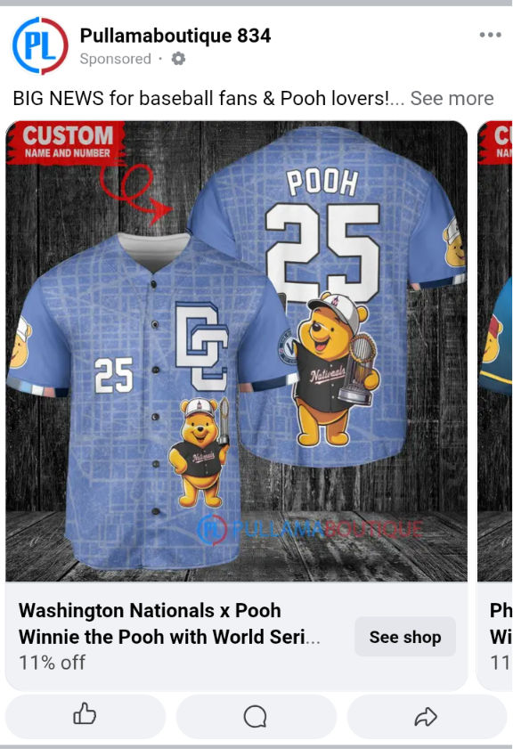 Why, it's an unlicensed Washington Nationals City Connect jersey, the new light blue one, with Disney's version of Winnie-the-Pooh