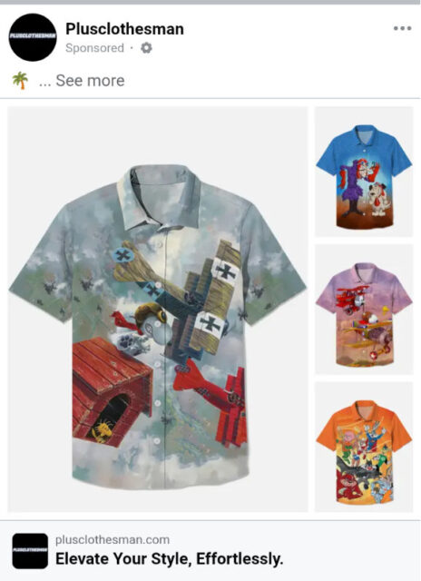 It's a printed, button up shirt featuring Snoopy flying atop his doghouse into battle with the Red Baron. This one is gray.