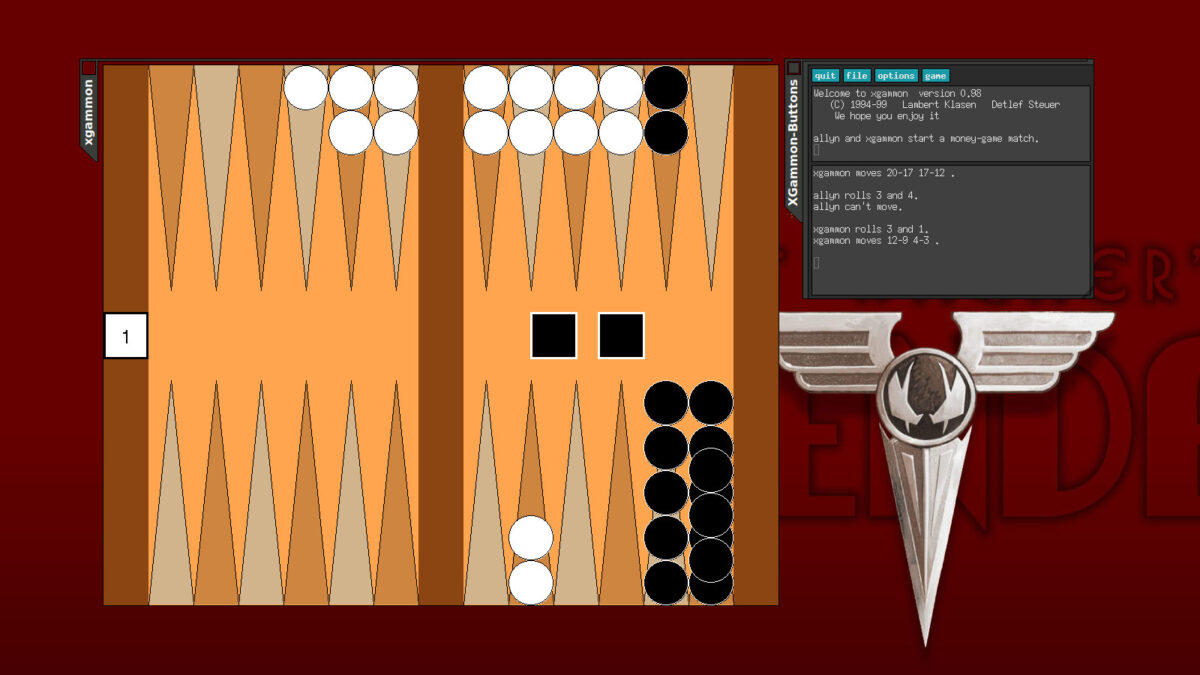 Screenshot of a game of backgammon. White (computer) has two of my black pieces pinned in white's home quadrant (I'd have to roll a 7 on a 6-sided die to get out), and all of the rest of my pieces are in my home quadrant.