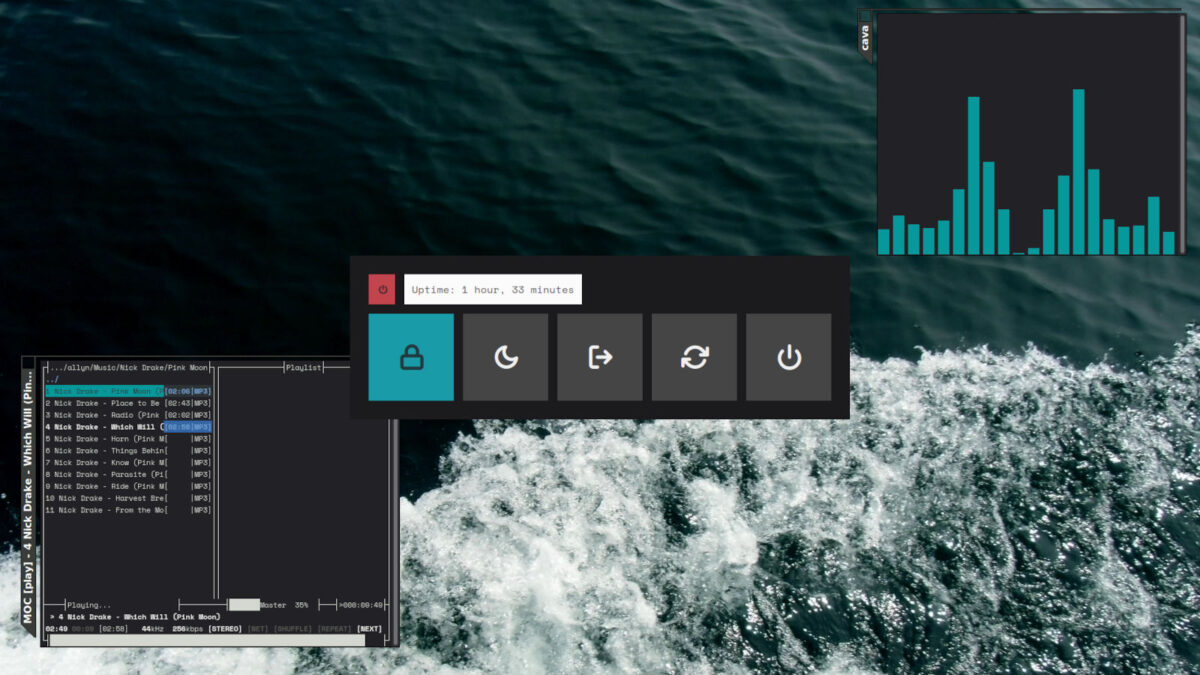 Screenshot of Linux Mint Debian Edition, with a Rofi app shutdown menu open