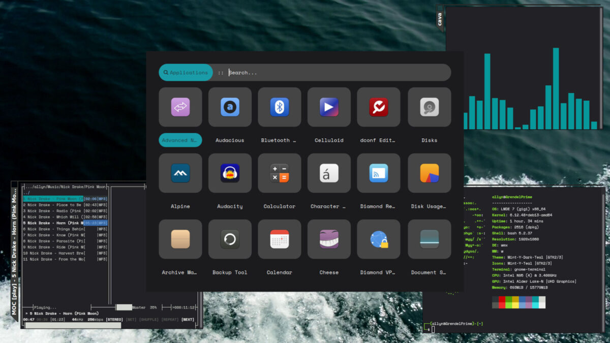 Screenshot of Linux Mint Debian Edition, with a Rofi app launcher menu open