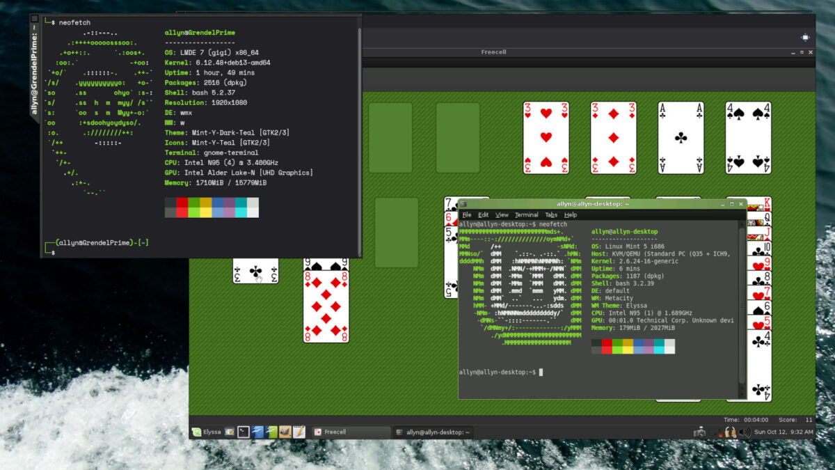 Screenshot of Linux Mint Debian Edition, showing a Linux Mint 5 virtual machine with Freecell