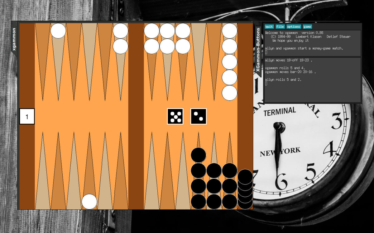 Screenshot of a game of backgammon, with me (black) having removed four pieces while white still hasn't consolidated to a postion where it can