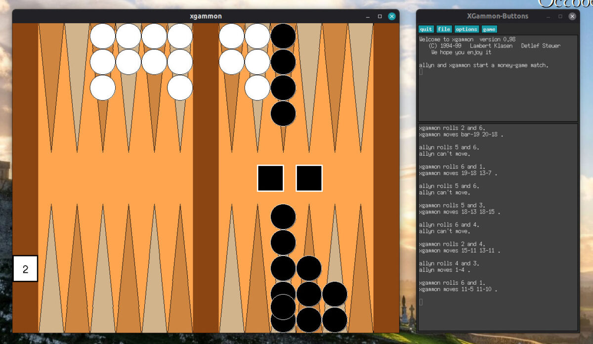 Screenshot of a game of backgammon as described below