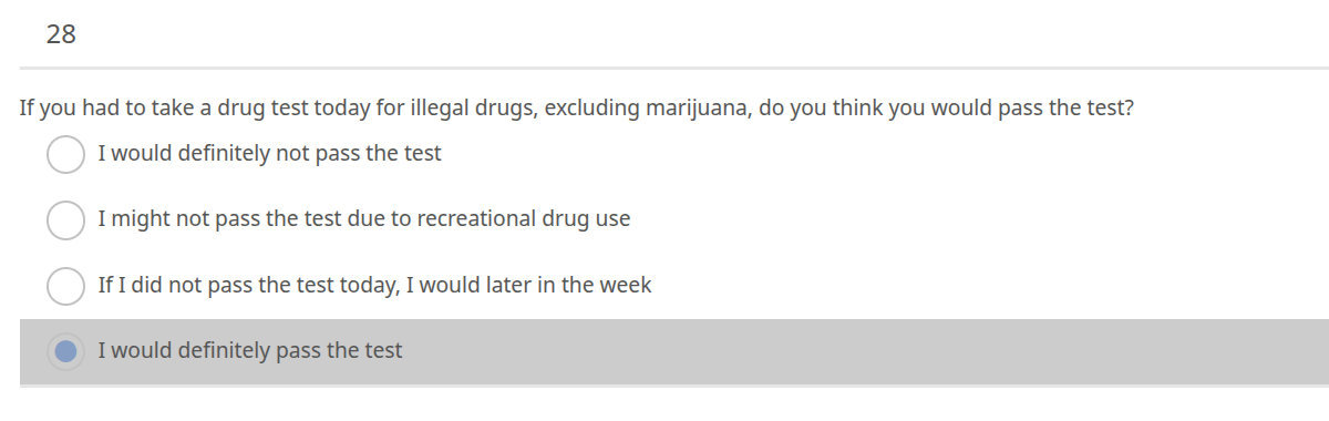 28. If you had to take a drug test today for illegal drugs, excluding marijuana, do you think you would pass the test?