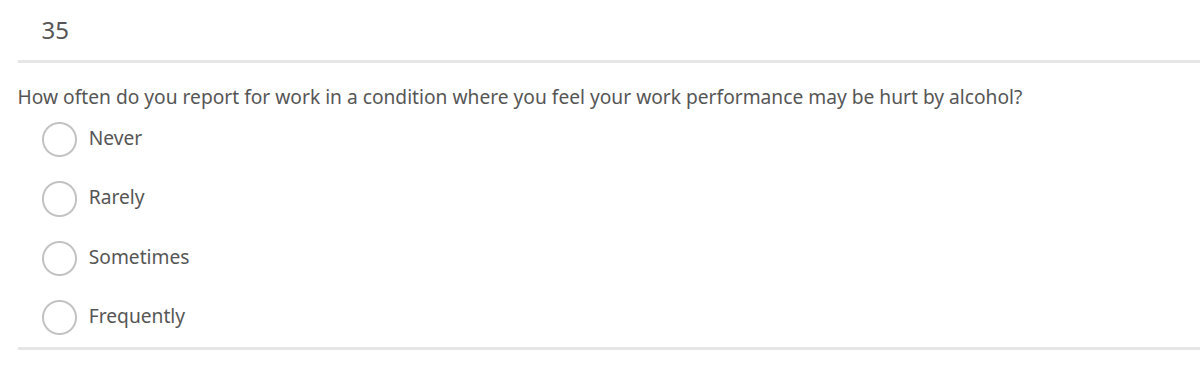 35. How often do you report for work in a condition where you feel your work performance may be hurt by alcohol?