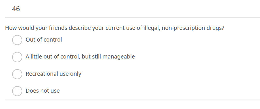 46. How would your friends describe your use of illegal, non-prescription drugs?