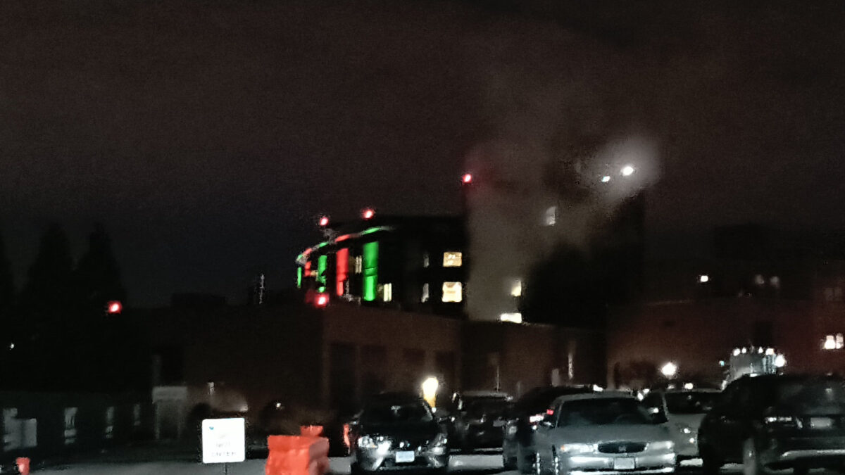 Lynchburg General Hospital, the facade lit up with red and green lights, the evening of December 12