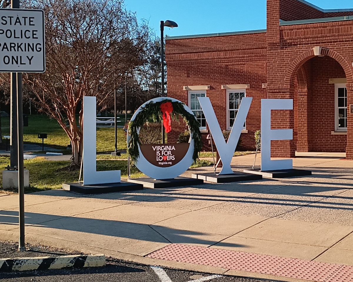 LOVE sign, decorated for Christmas, at the Virginia Welcome Center on Interstate 81