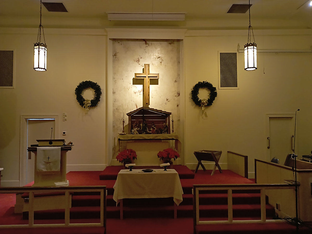 Pulpit and alter, with a nativity scene and a creche