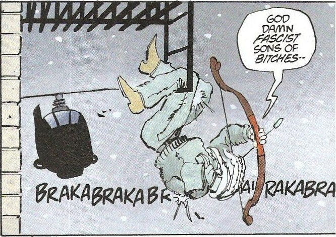 Green Arrow, hanging upside down as a Huey bears down on him, shouting, "God dam fascist sons of bitches--"