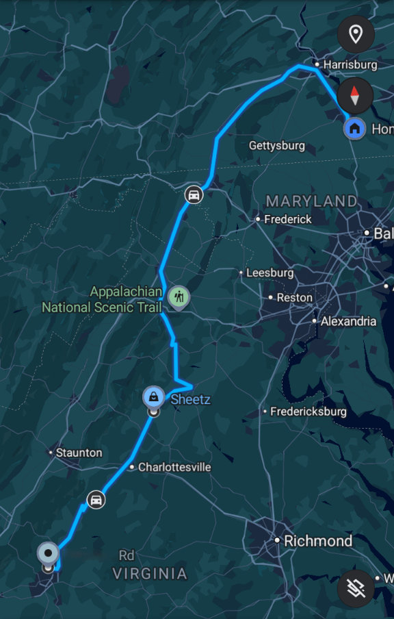 Google Maps overview of my route from York to Lynchburg