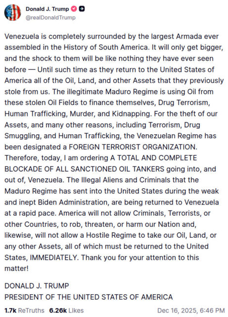 Screenshot of a demented old man's rambling ultimatum threatening a sovereign nation (Venezuela) with a massive armada and calling it a 'Hostile Regime'