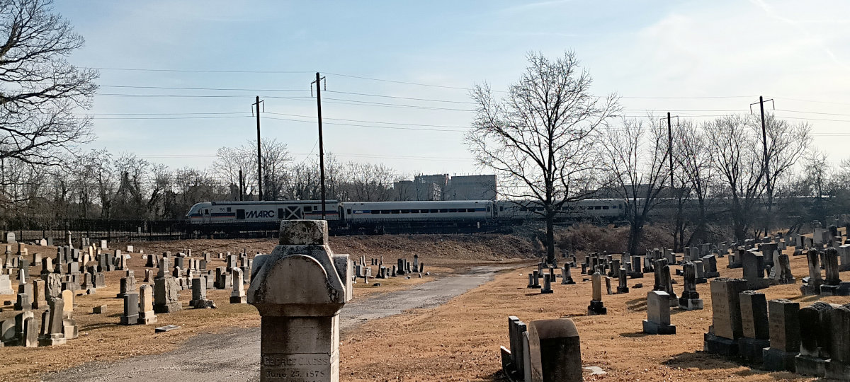 MARC train heading north past the cemetery