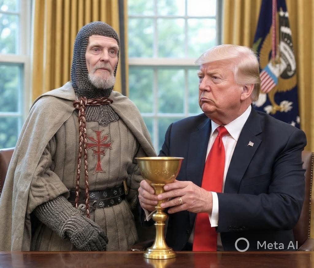 The Grail Knight offering Donald Trump a golden goblet... but is it truly the Cup of Christ?