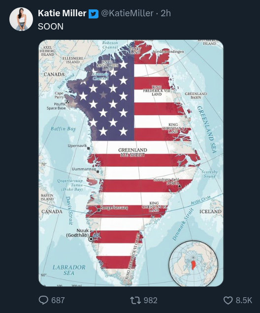 Screenshot of a Tweet by Elon Musk's former girlfriend, Katie Miller, with a map of Greenland overlaid with the American flag and the caption, "SOON'