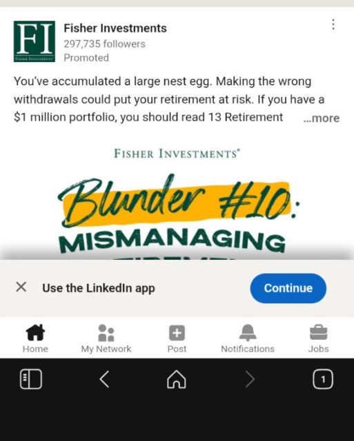 At the bottom of this screenshot there's a pop-up telling me to, quote, Use the LinkedIn app, with a button that will presumably take me to the App Store.