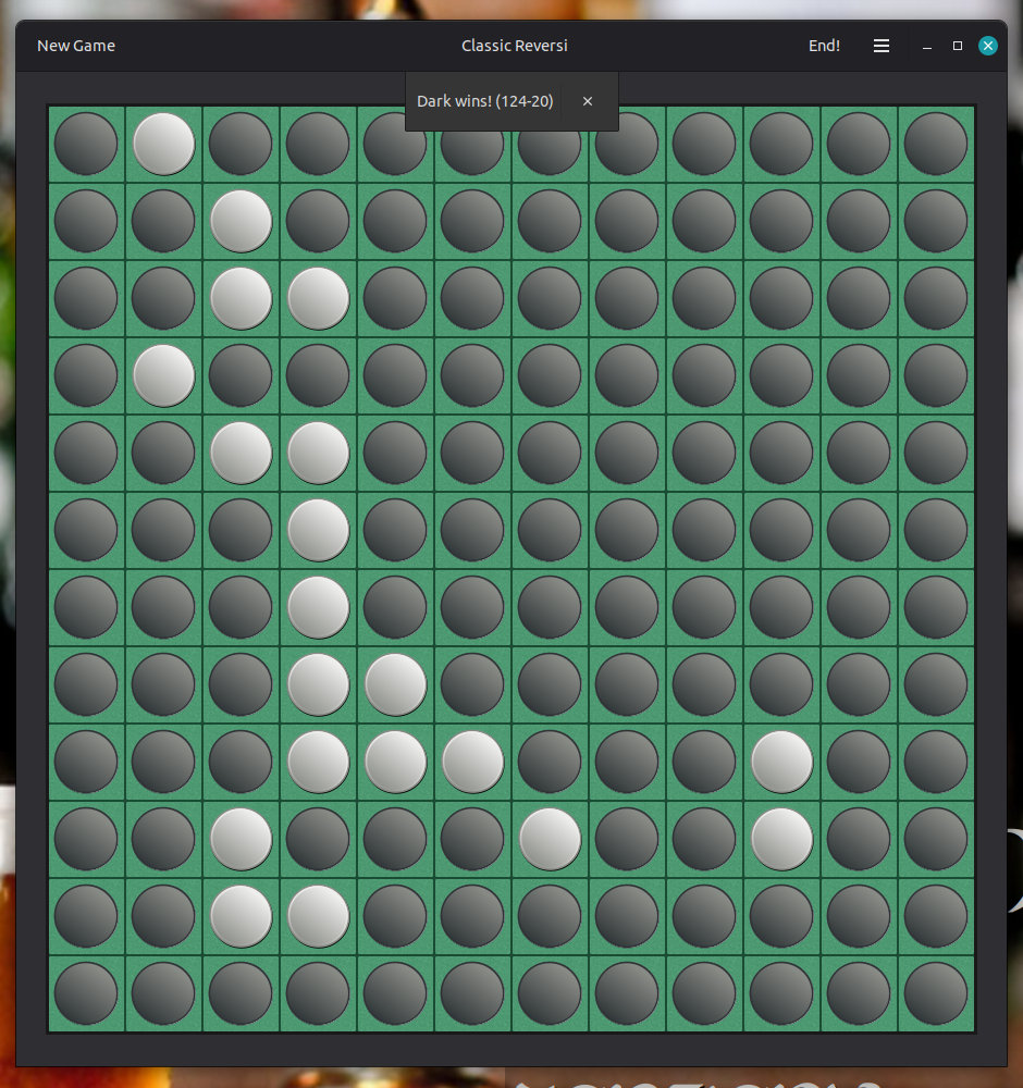 The final board. Overwhelmingly black, but white holds a couple of blocks through the middle