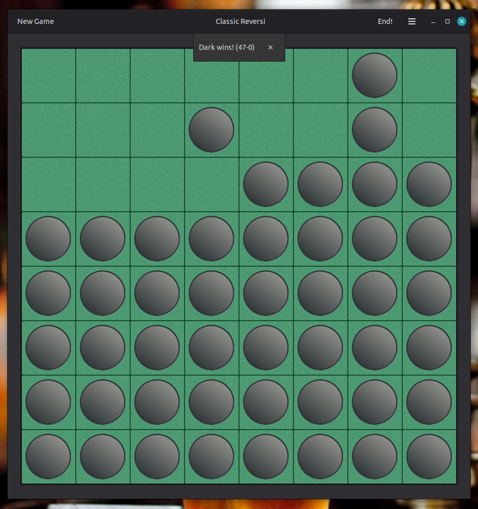Screenshot of a standard game of Othello/Reversi, showing me dominating the board, with White eliminated entirely.