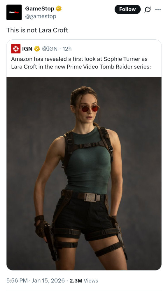 Screenshot of a GameStop tweet, showing Sophie Turner as Lara Croft, with the caption, 'This is not Lara Croft.'