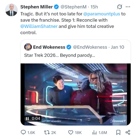 Screenshot of Stephen Miller's tweet claiming that Star Trek has gone wrong