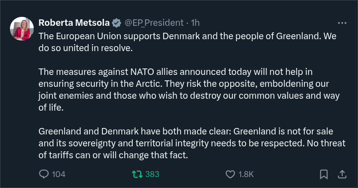 Screenshot of a tweet by Roberta Metsola.