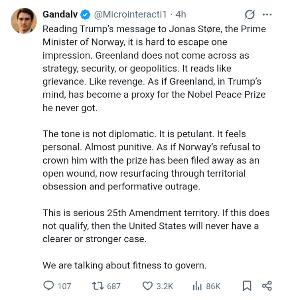 Screenshot of a tweet analyzing Trump's letter to the Norwegian president. "The tone is not diplomatic. It feels personal. Almost punitive. As if Norway's refusal to crown him with the prize has been filed away as an open wound, now resurfacing through territorial obsession and performative outrage."