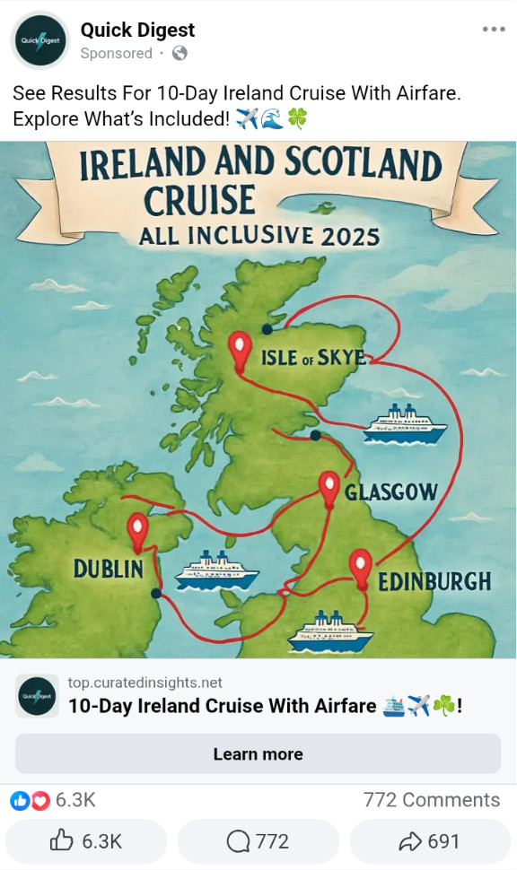 An AI slop map of Ireland and Scotland for a 10 day cruise, with locations marked wildly far away from where they aactually are