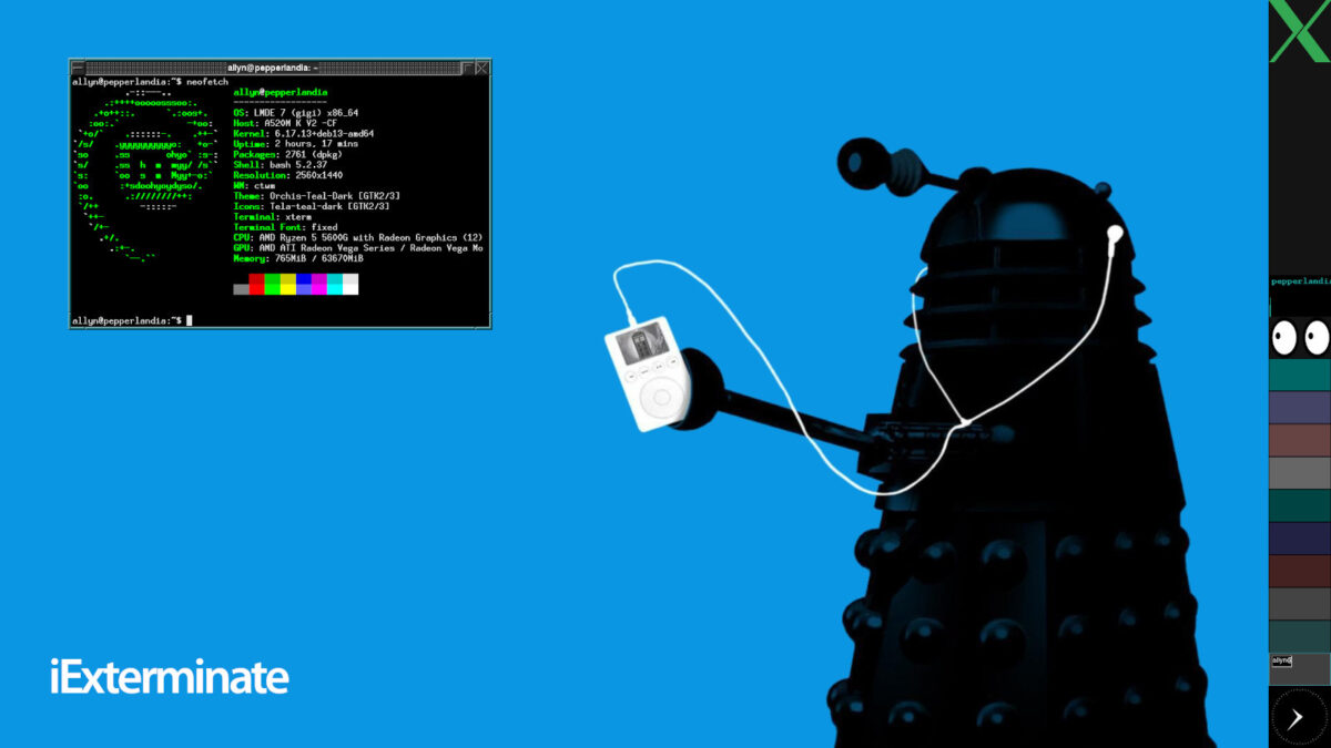 Screenshot of CTWM, with a desktop wallpaper of a Dalek listening to an iPod, in the style of the old iPod ads, with the caption "iExterminate"
